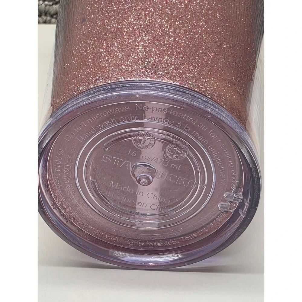 Starbucks 2014 Pink Glitter Cold Cup‎ Tumbler 16oz Grande Red Lid and Straw